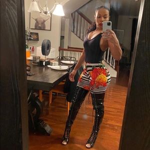 THIGH HIGH BLACK PLEATHER LACE UP FASHION NOVA BOOTS